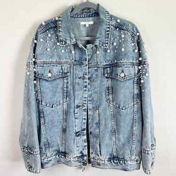 Veveret Women's Medium Wash Pearl And Rhinestone Denim Jacket Size Large NWT - Picture 7 of 12